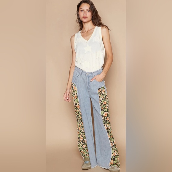 POL Striped Denim/Floral Wide Pants - Picture 4 of 5